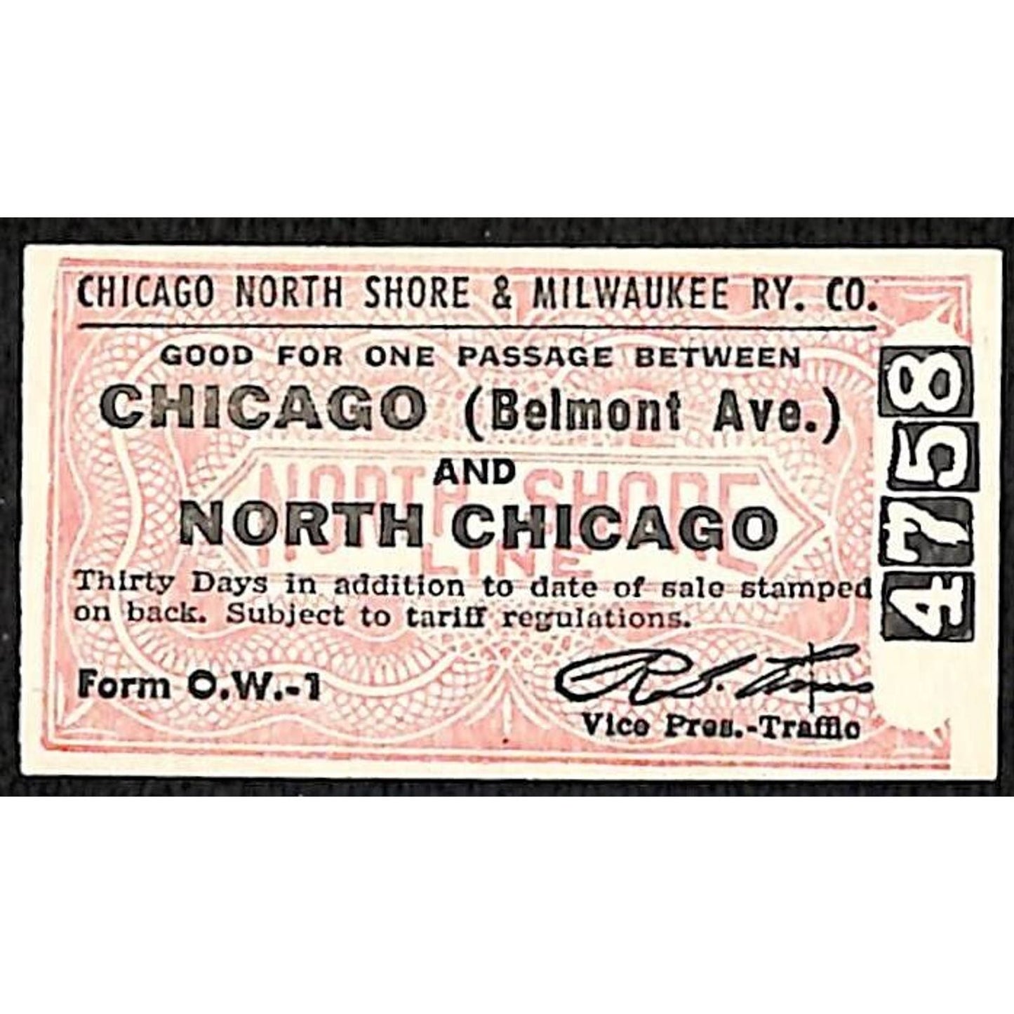 Chicago North Shore & Milwaukee RY Ticket c1953-60's North Chicago #4758