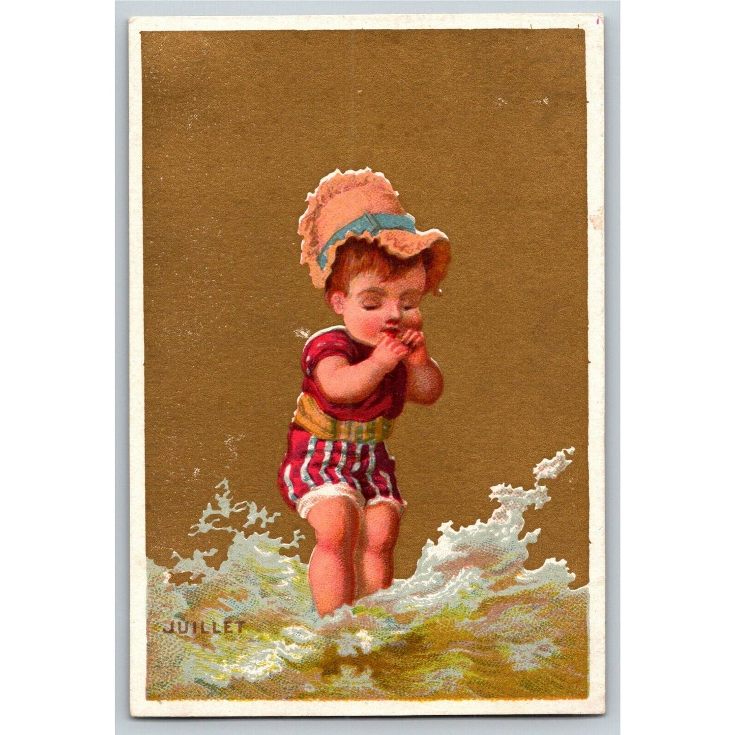 Gilt "Juillet" Child Standing in Waves (Soapine) Unmarked Victorian Trade Card