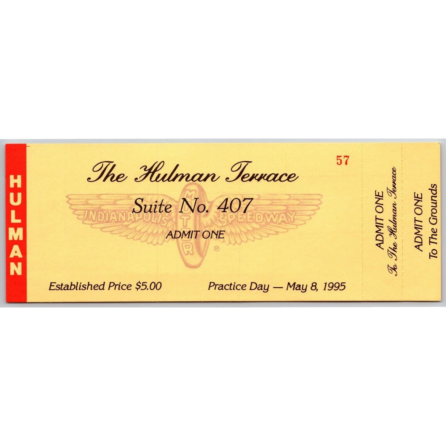 1995 Indy 500 Practice Day Hulman Terrace Unused Ticket IMS Indianapolis #57