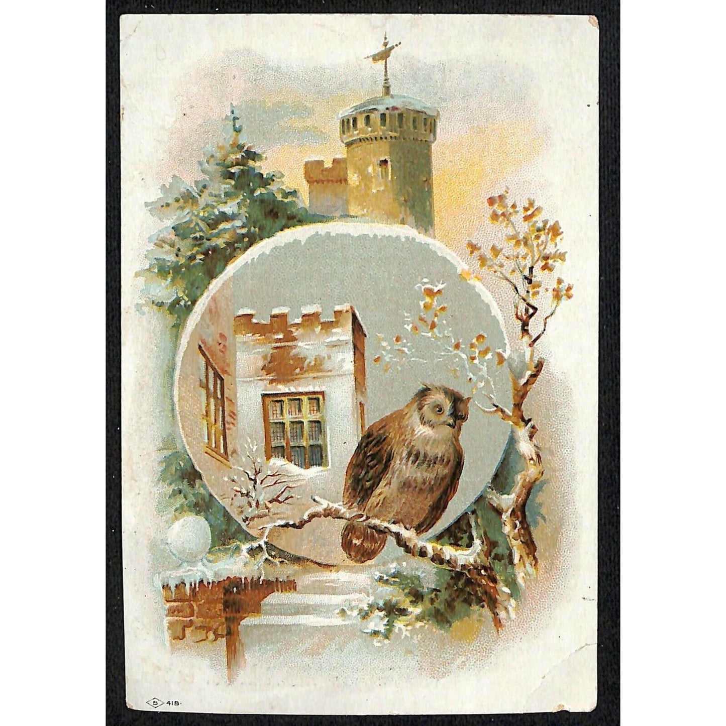 1880-90's Victorian Trade Card Malena Quack Remedy - Owl in Tree at Winter