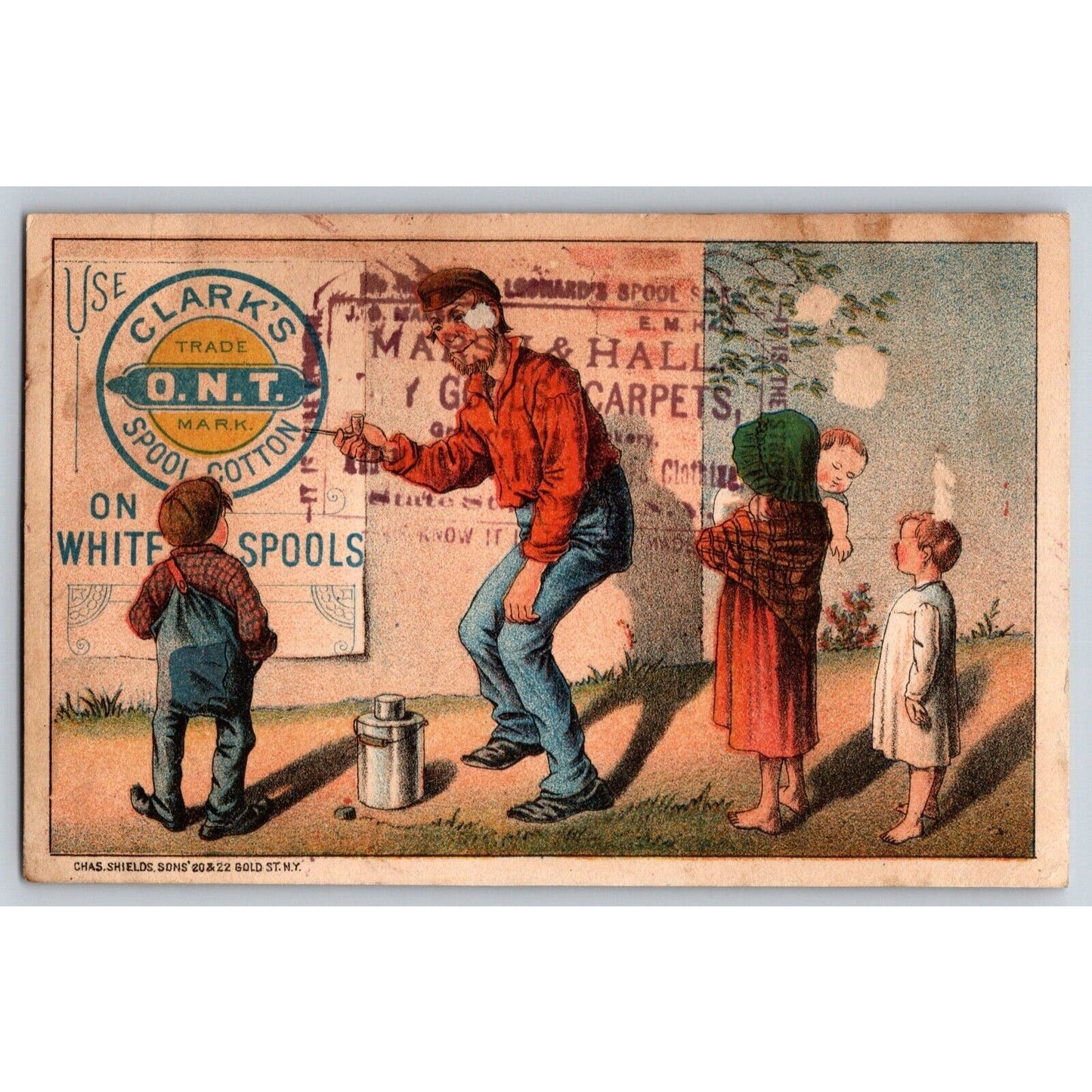 Marsh & Hall Ithaca, NY Dry Goods Victorian Trade Card Kids Man Read Posted Bill