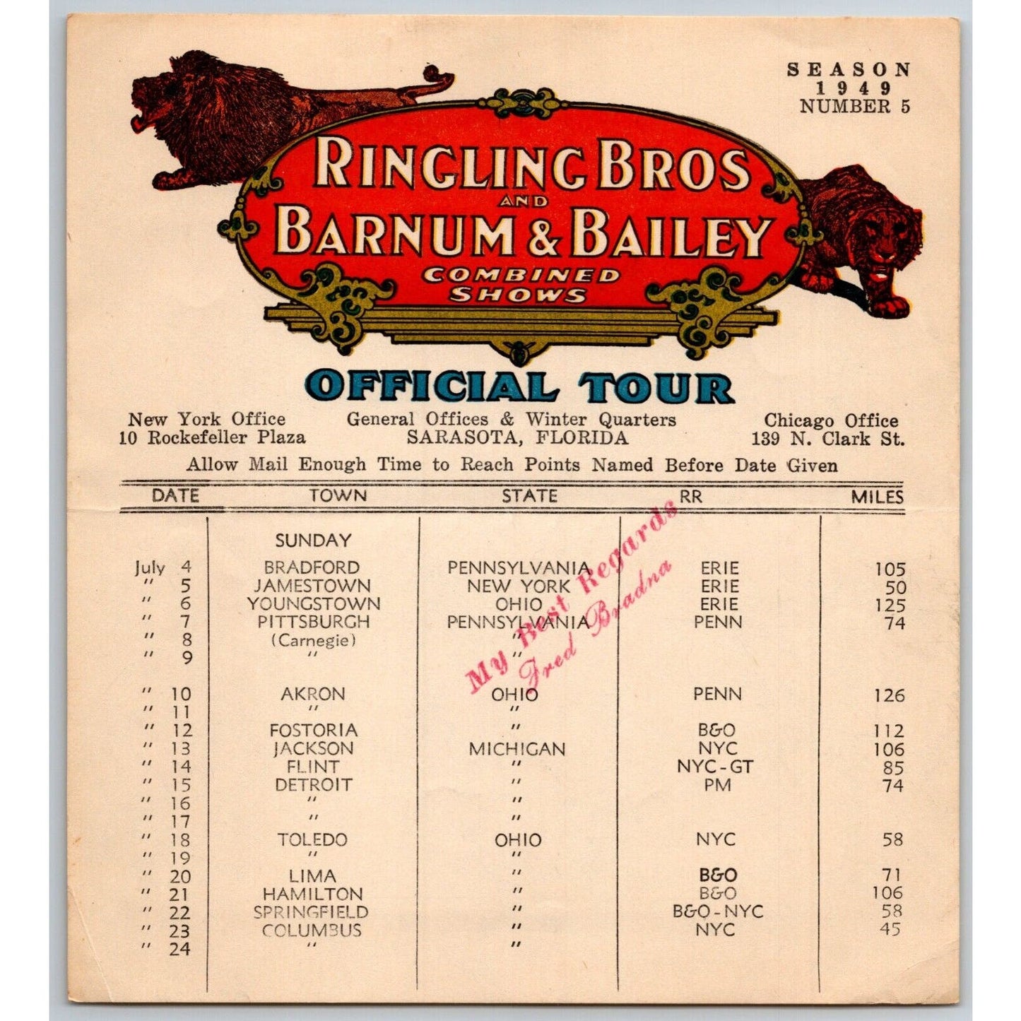 1949 Ringling Bros Barnum Bailey Circus Route Card Pittsburgh Akron Detroit
