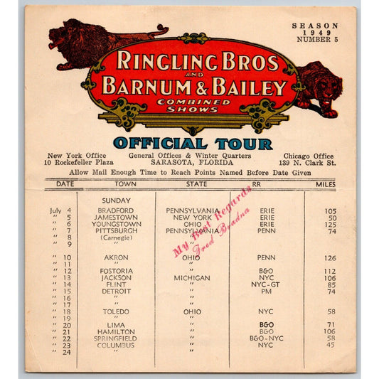 1949 Ringling Bros Barnum Bailey Circus Route Card Pittsburgh Akron Detroit