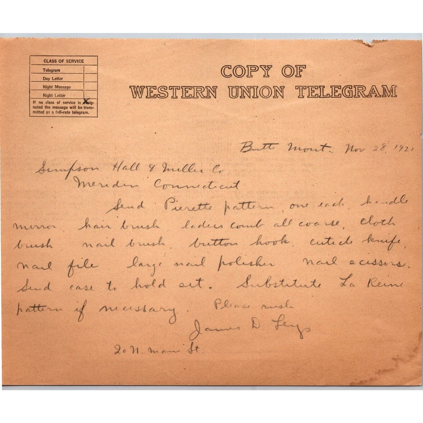 "Leys" Jewelers Butte, MT 1921 WU Telegram to Simpson, Hall & Miller Meriden, CT