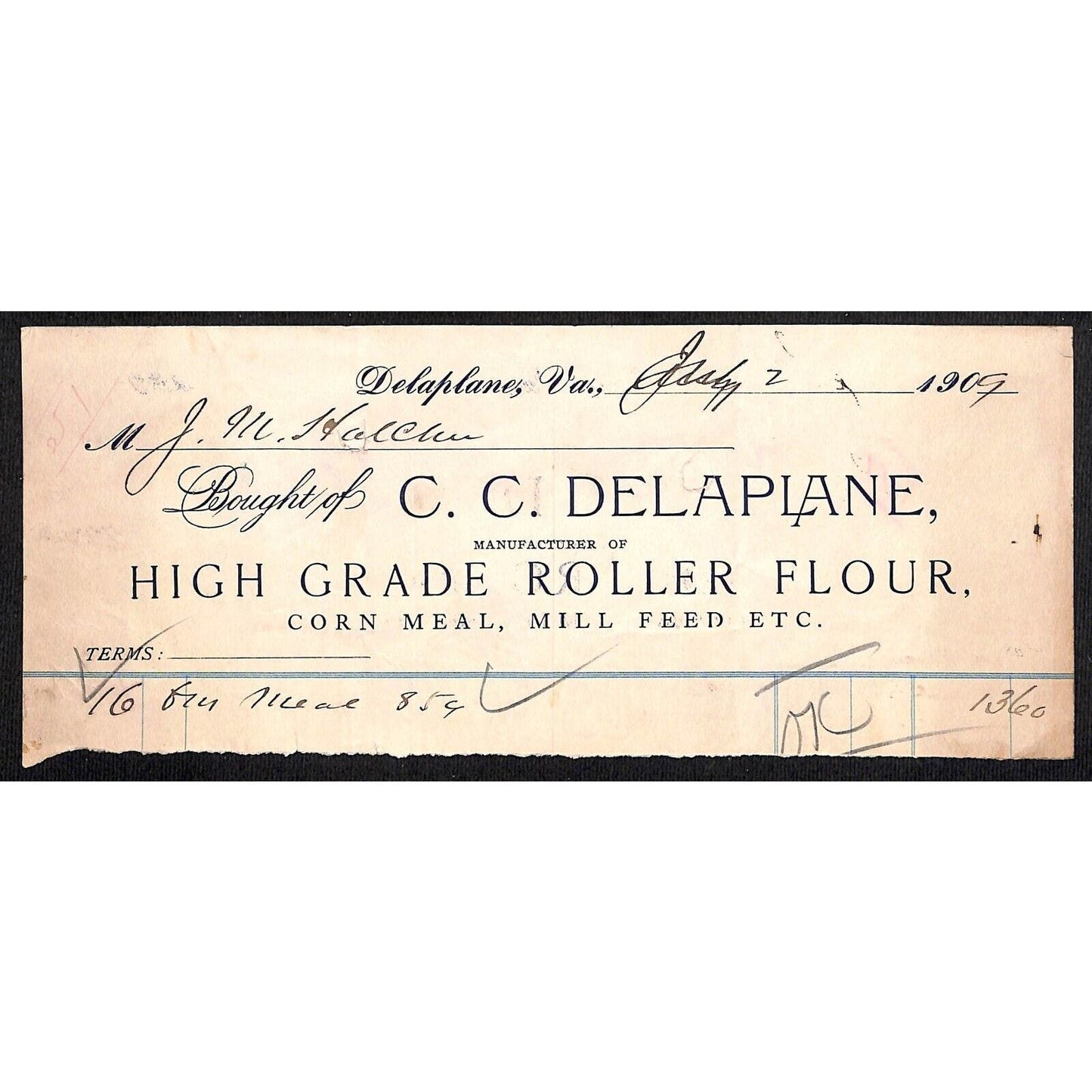 Delaplane, VA C.C. Delaplane High Grade Roller Flour 1909 Billhead