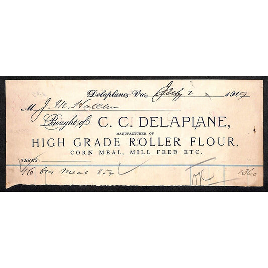 Delaplane, VA C.C. Delaplane High Grade Roller Flour 1909 Billhead