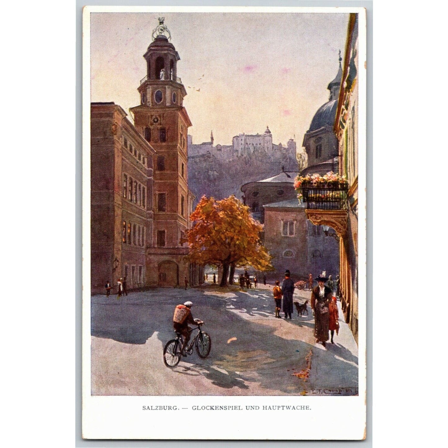 Vintage German Postcard c1920's Bicycle "Salzburg - Glockenspiel und Hauptwache"