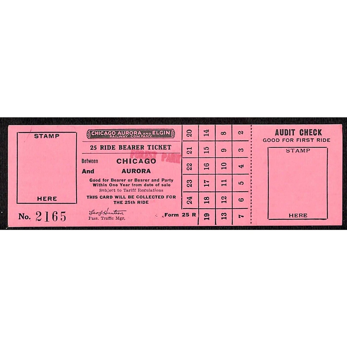 Chicago Aurora and Elgin Railway (1902-57) 25 Ride Ticket Forest Park / Aurora