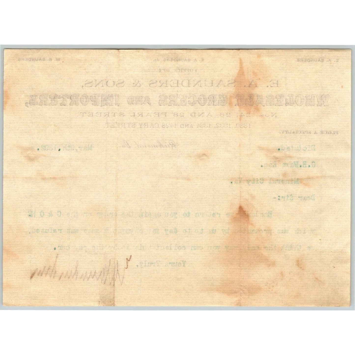 E.A. Saunders & Sons Grocers Richmond, VA Letterhead o Geo. E. Wear 1892