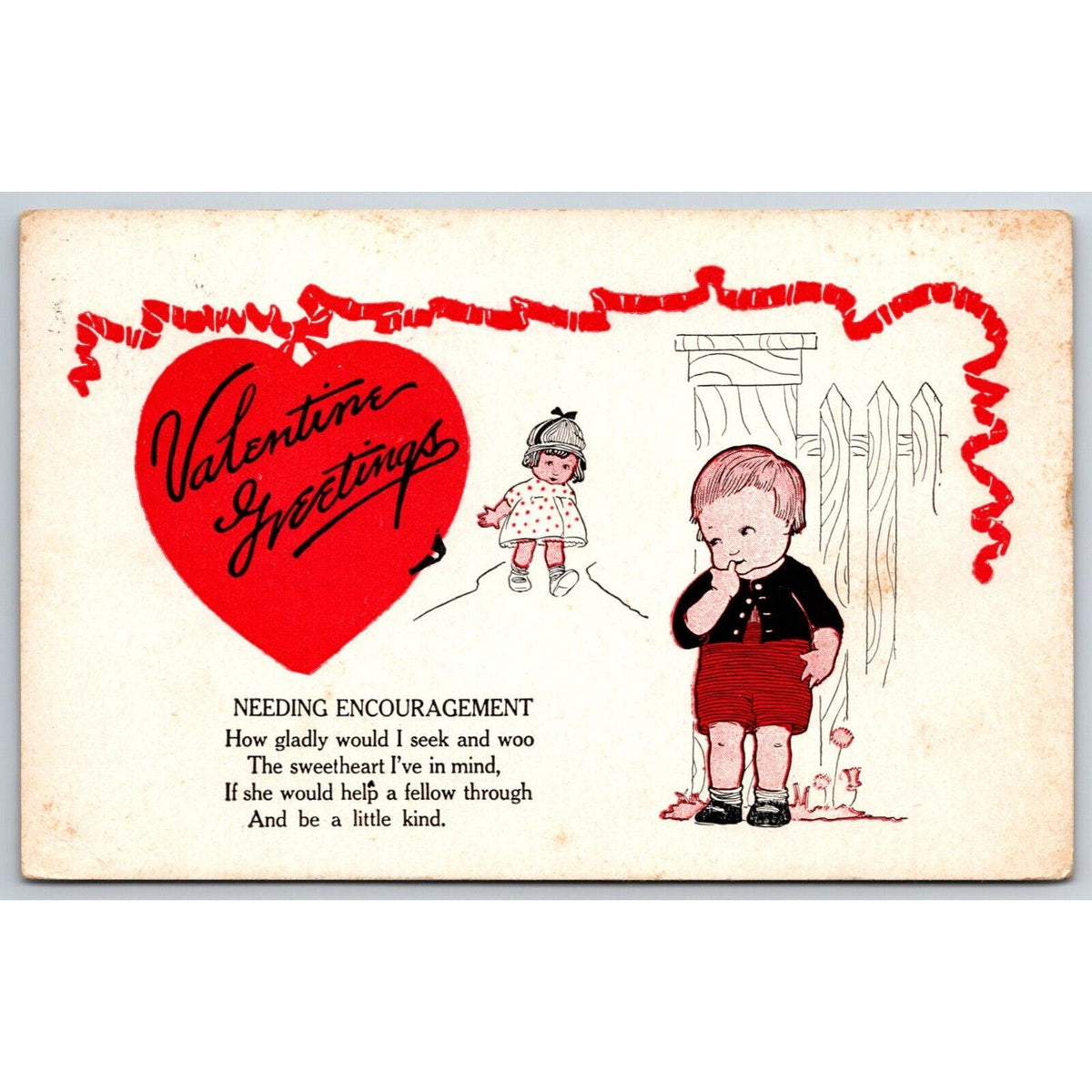 Valentine Postcard "Needing Encouragement" Cute Kids Shy Boy Heart c1915-20