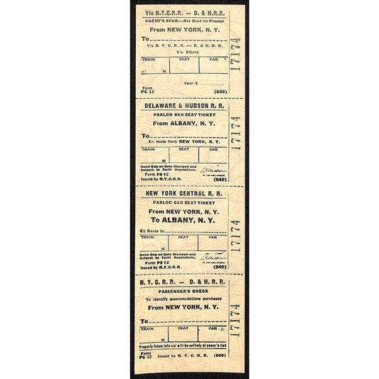 N.Y.C.R.R. - D. & H. R. R. New York / Albany SAMPLE Ticket c1960's Scarce #17174