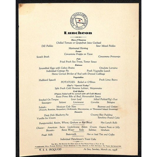 1938 Clyde-Mallory Iroquois Cruise Line Mar 20 Luncheon Menu