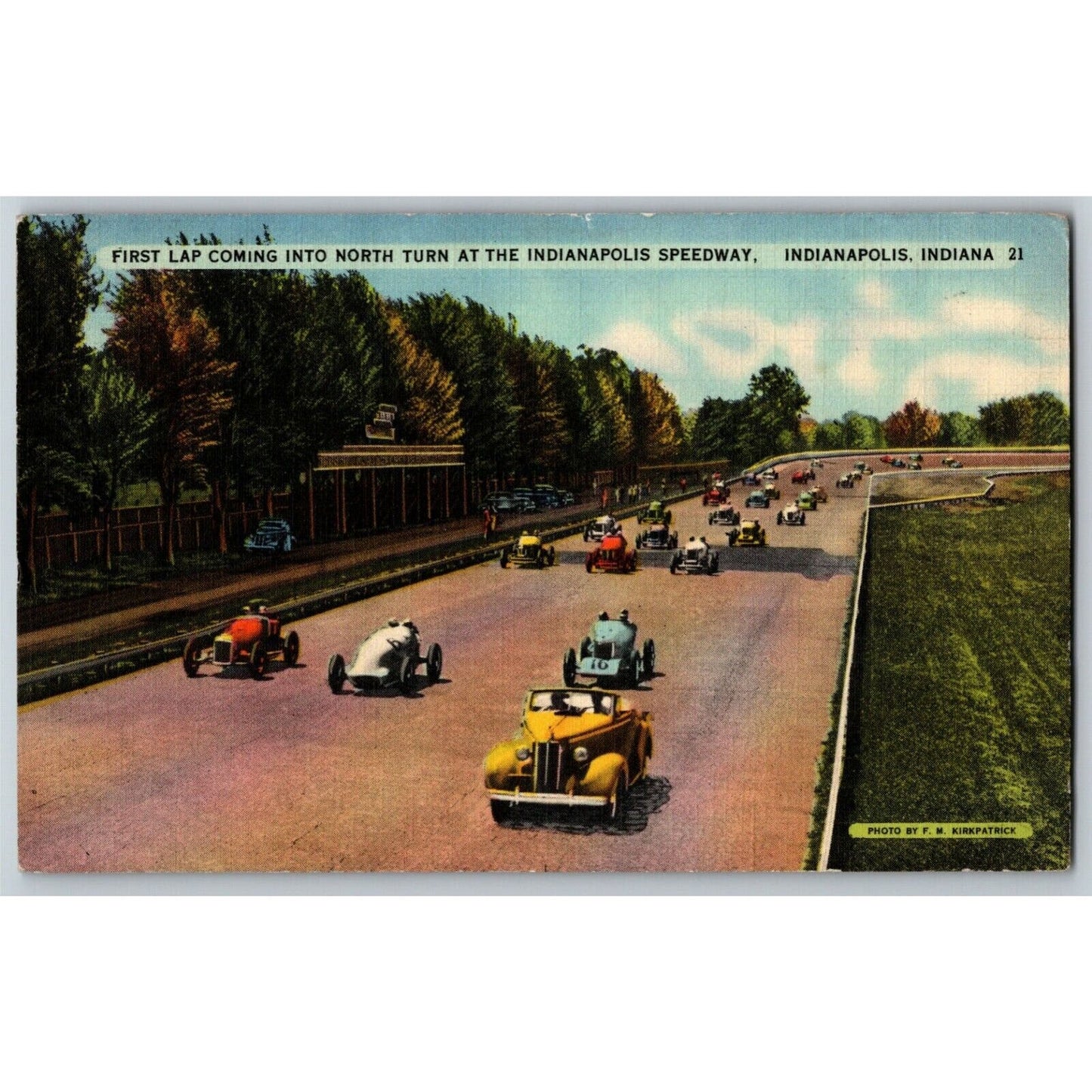Indy 500 Linen Postcard 1937 "First Lap Coming Into North Turn" Posted 1943 VGC