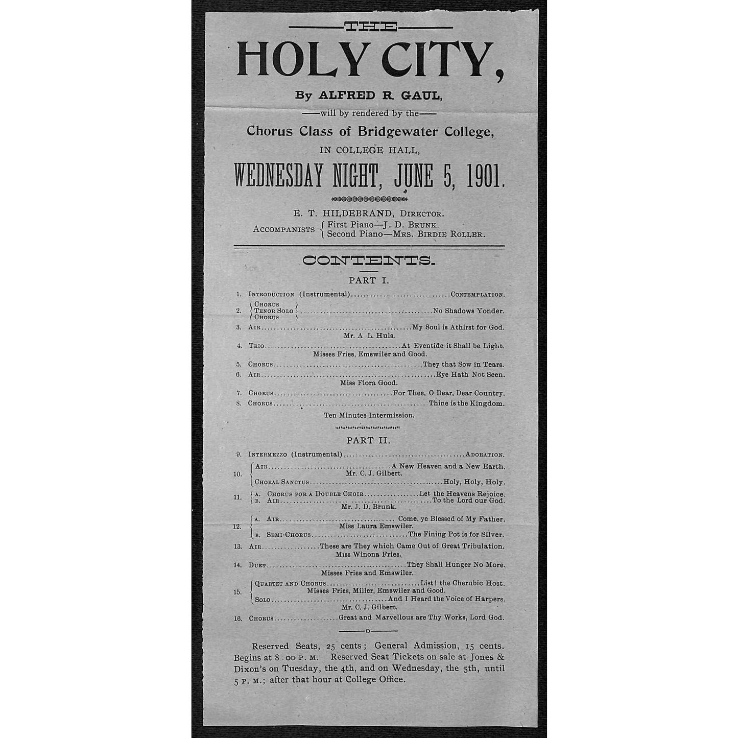 Bridgewater College Virginia "The Holy City" Chorus Class 1901 Broadside Scarce
