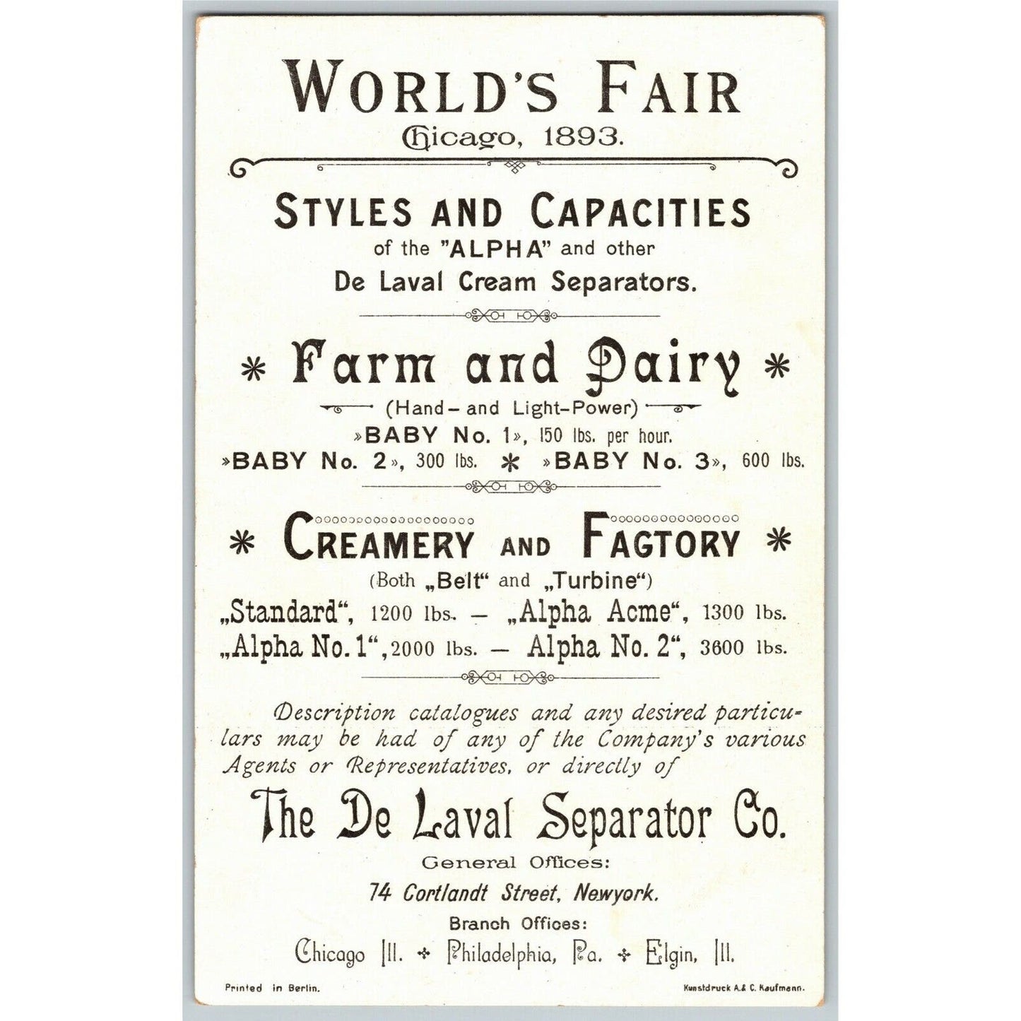 1893 Chicago Fair Trade Card De Laval Separator Co. Alpha B Cream Farm Dairy