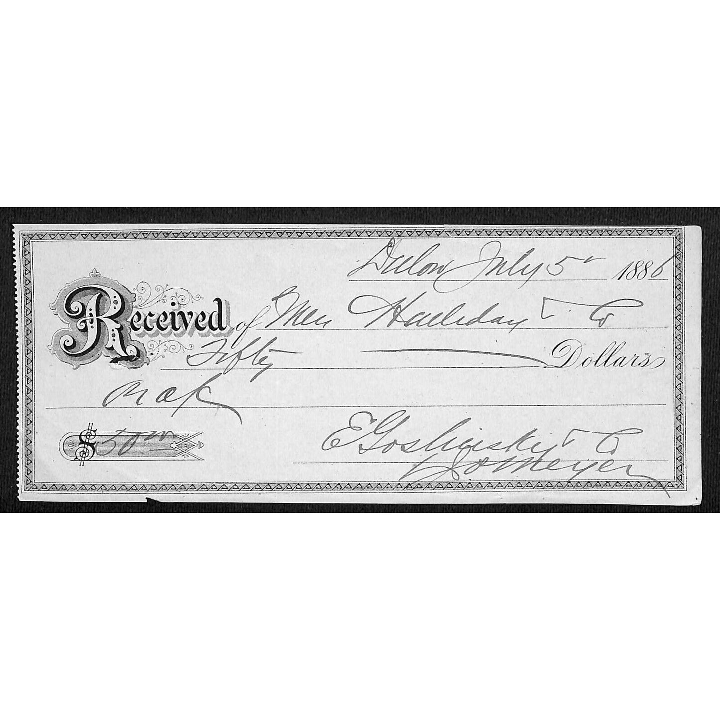 Dillon Montana R.C. Halliday 1886 $50 Received Receipt