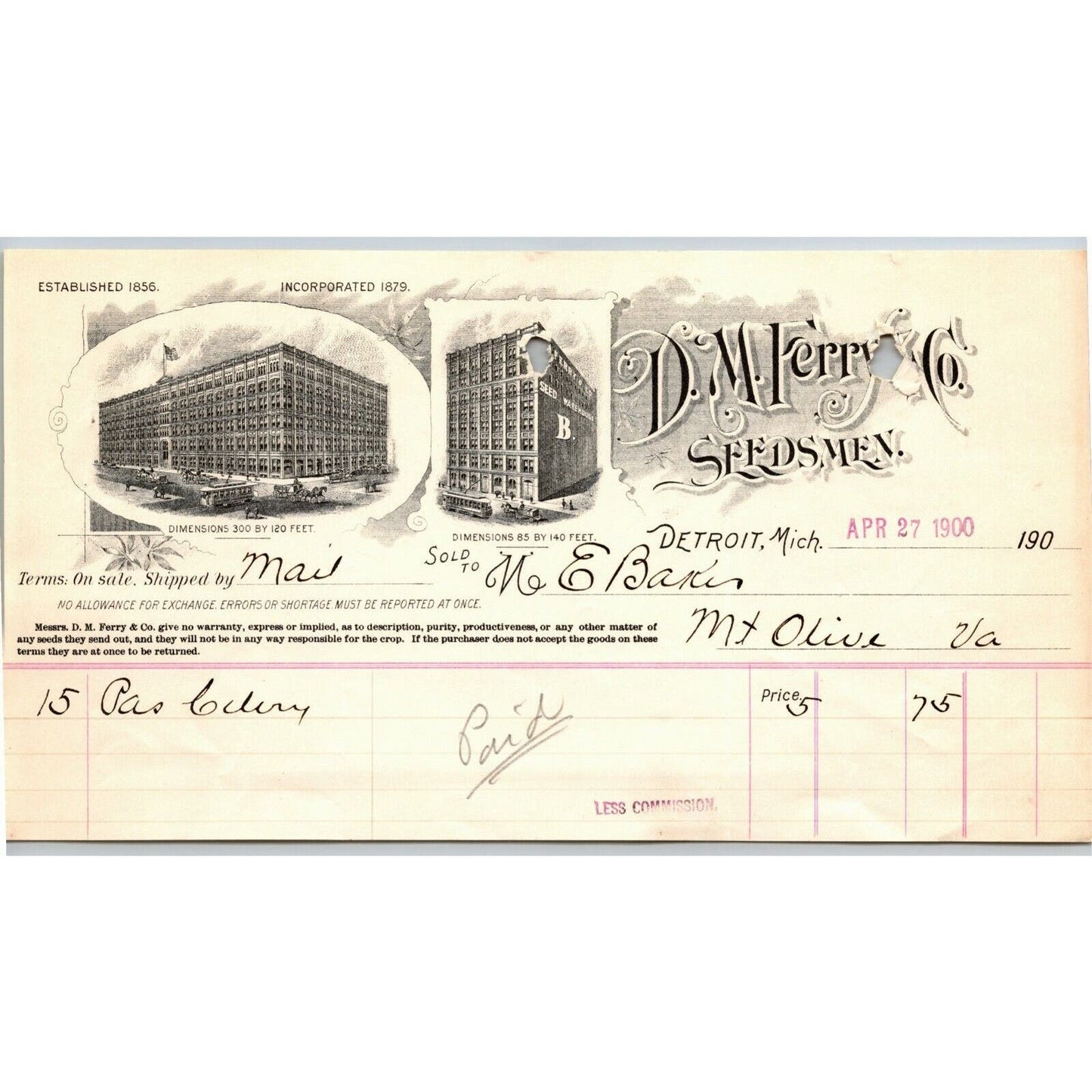 1900 Letterhead Billhead - D.M. Ferry Seeds Seedsmen Detroit - Ephraim Baker*