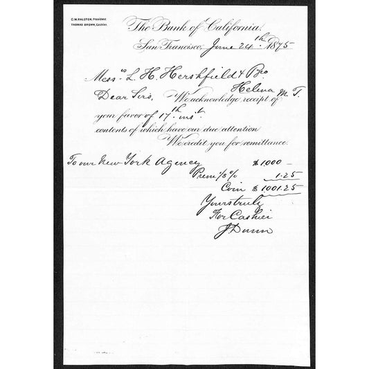 1875 Bank of California San Francisco Letterhead L.H. Hershfield - Helena, MT