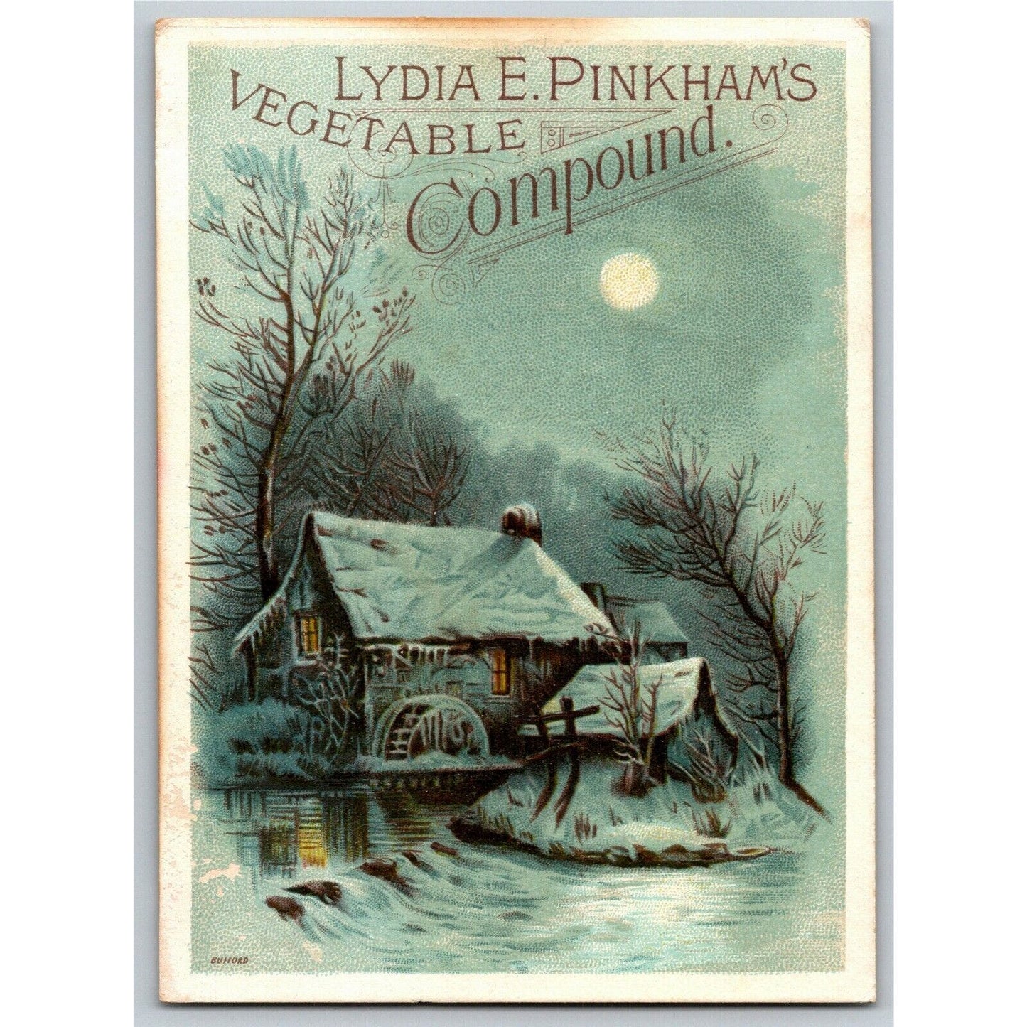 Victorian Trade Card Pinkham's Vegetable Compound Winter Water Wheel Grist Mill