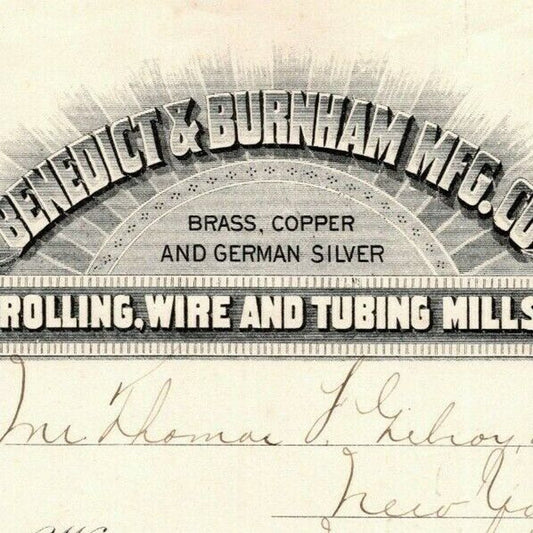 1887 "Benedict & Burnham Mfg. Co" Wire & Tubing Billhead Letterhead Waterbury CT