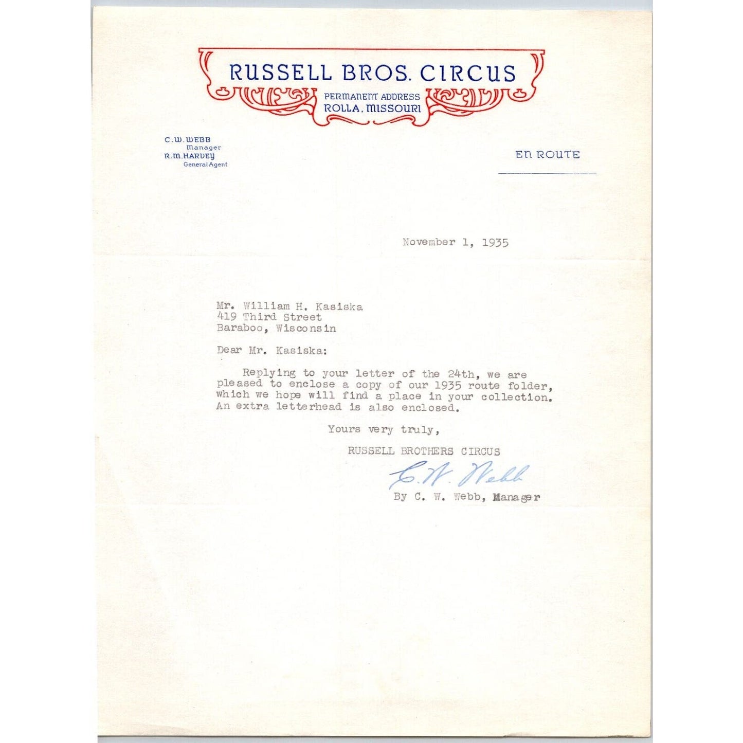 Russell Bros. Circus Letterhead 1935 Rolla Missouri C.W. Webb