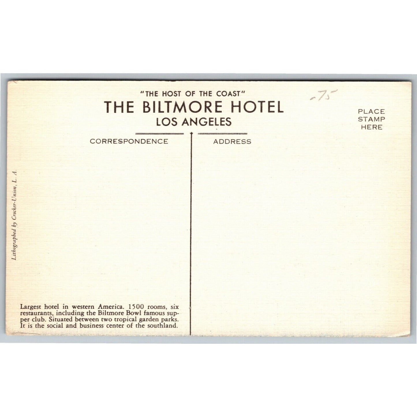 Los Angeles Biltmore Hotel Linen Postcard - c1930's-40's - NP VGC
