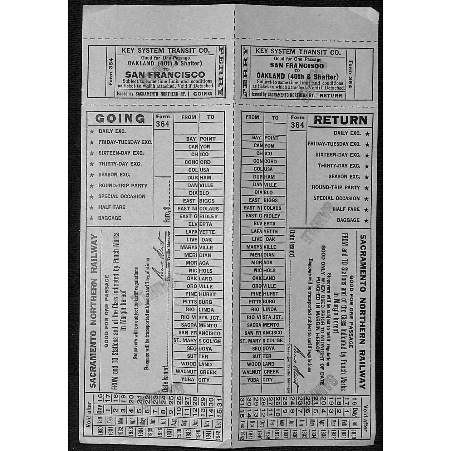 1930 Key System Transit Co. Unused Attached Going / Return SAMPLE Tickets Scarce