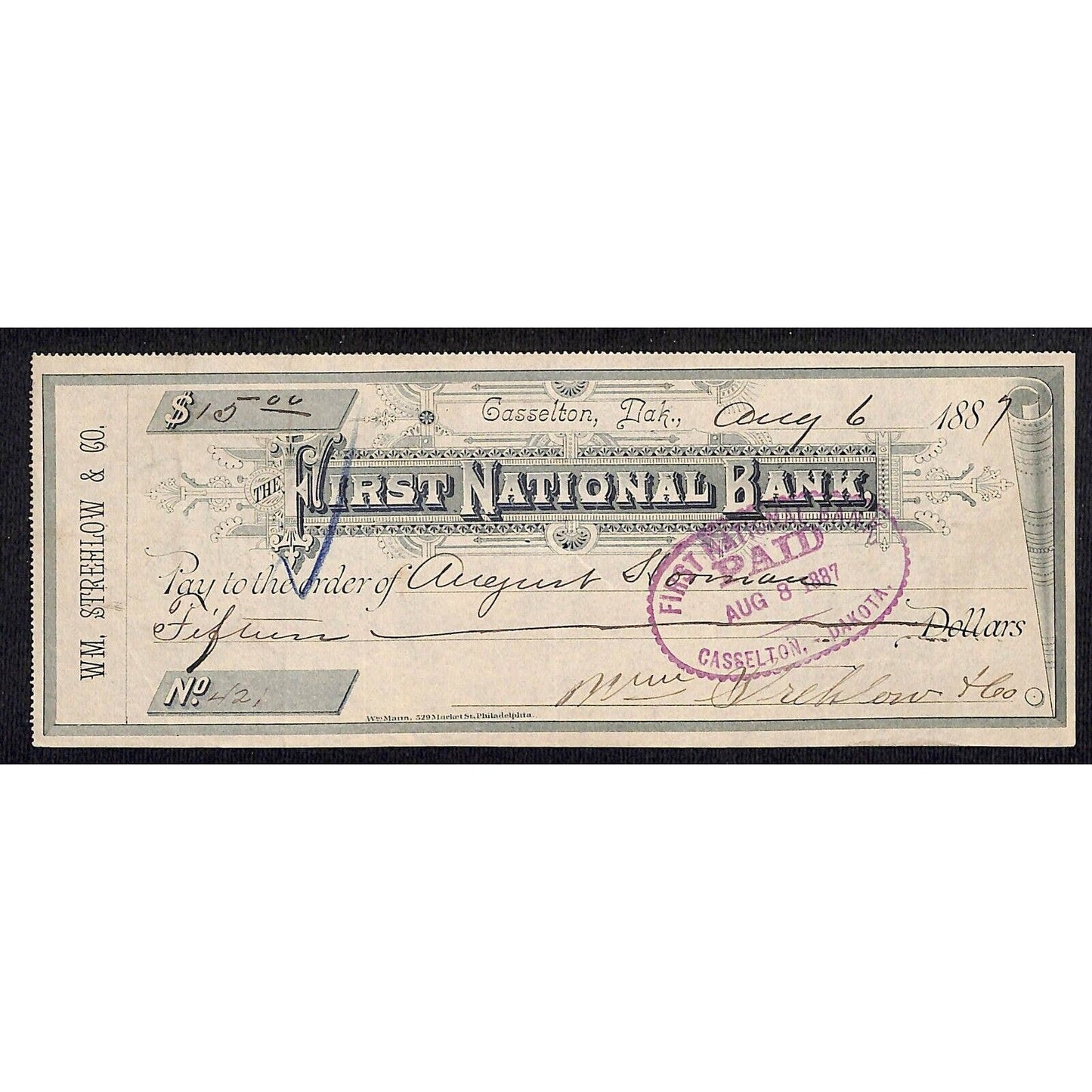 Gasselton, Dakota (Territory) First National $15 Bank Check Strehlow & Co 1887