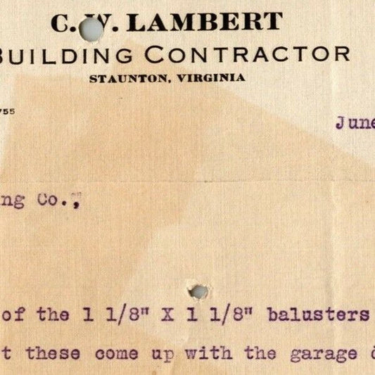 1916 Scarce C.W. Lambert Building Contractor Staunton, VA Letterhead Billhead