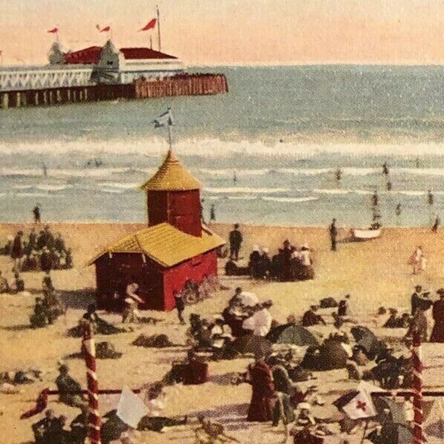 Vintage Postcard - Bathers at Beach Near Pier - Long Beach, California