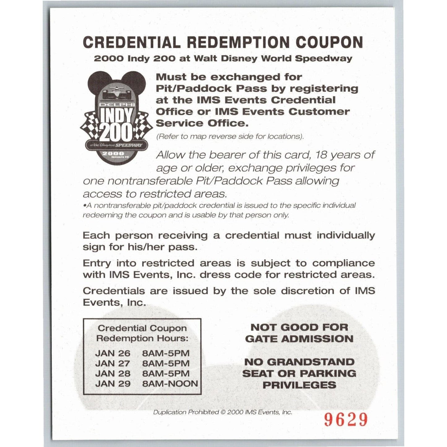 2000 Indy 200 Walt Disney World Speedway Credential Redemption Coupon Card Map