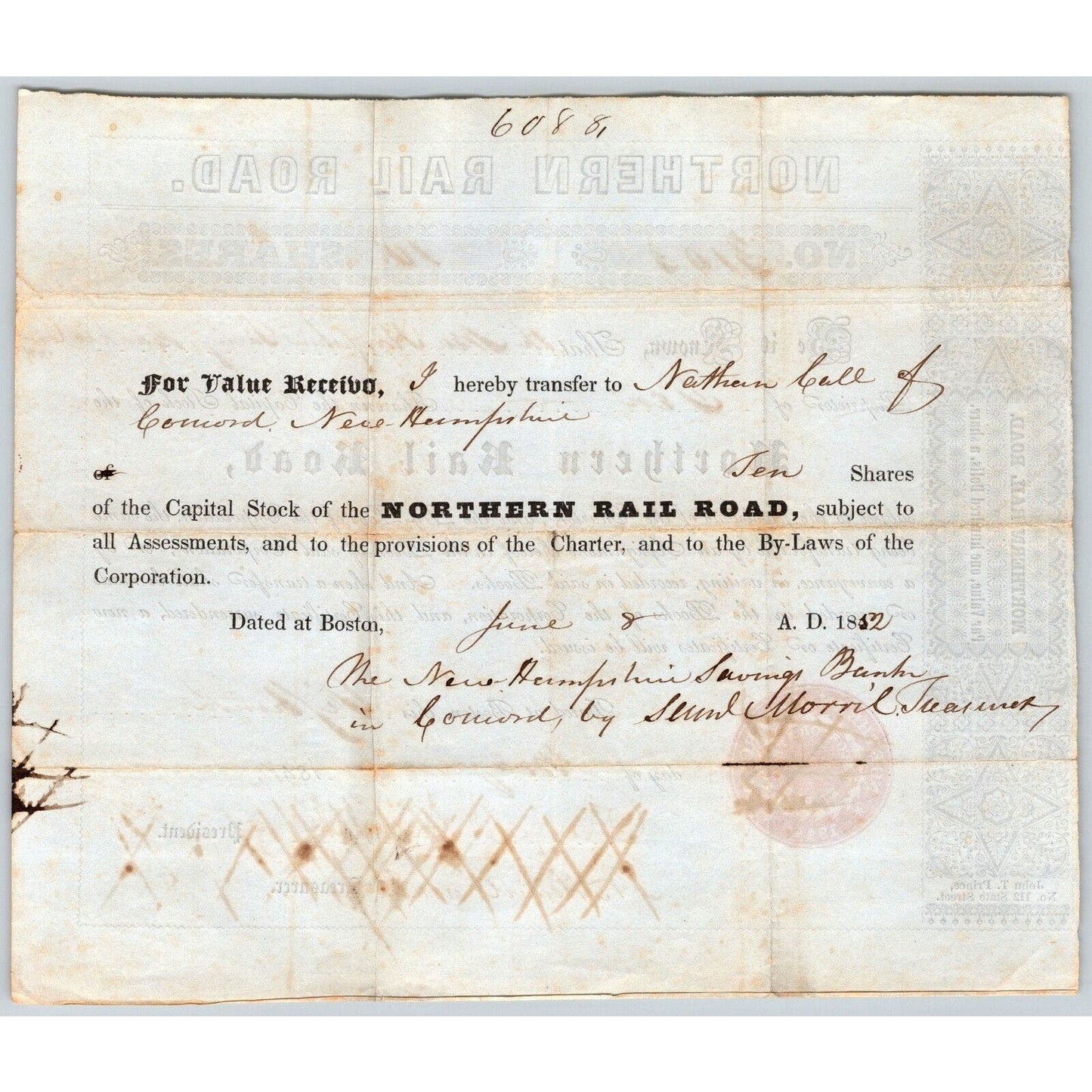 1848 Boston, MA Northern Railroad Stock Certificate No. 3103 for 10 Shares