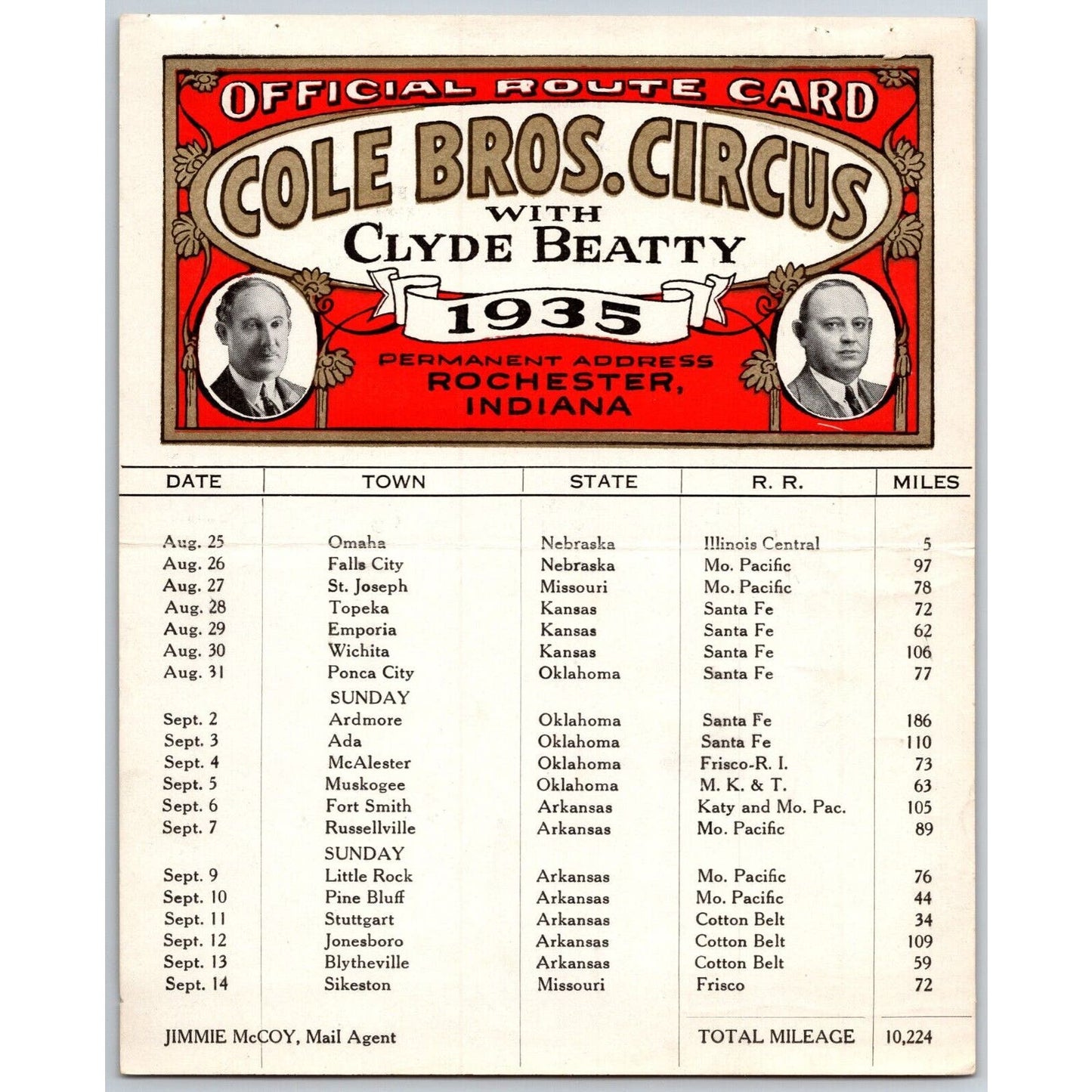 1935 Cole Bros with Clyde Beatty Circus Route Card NE KS OK AR MO