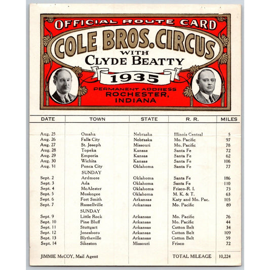 1935 Cole Bros with Clyde Beatty Circus Route Card NE KS OK AR MO