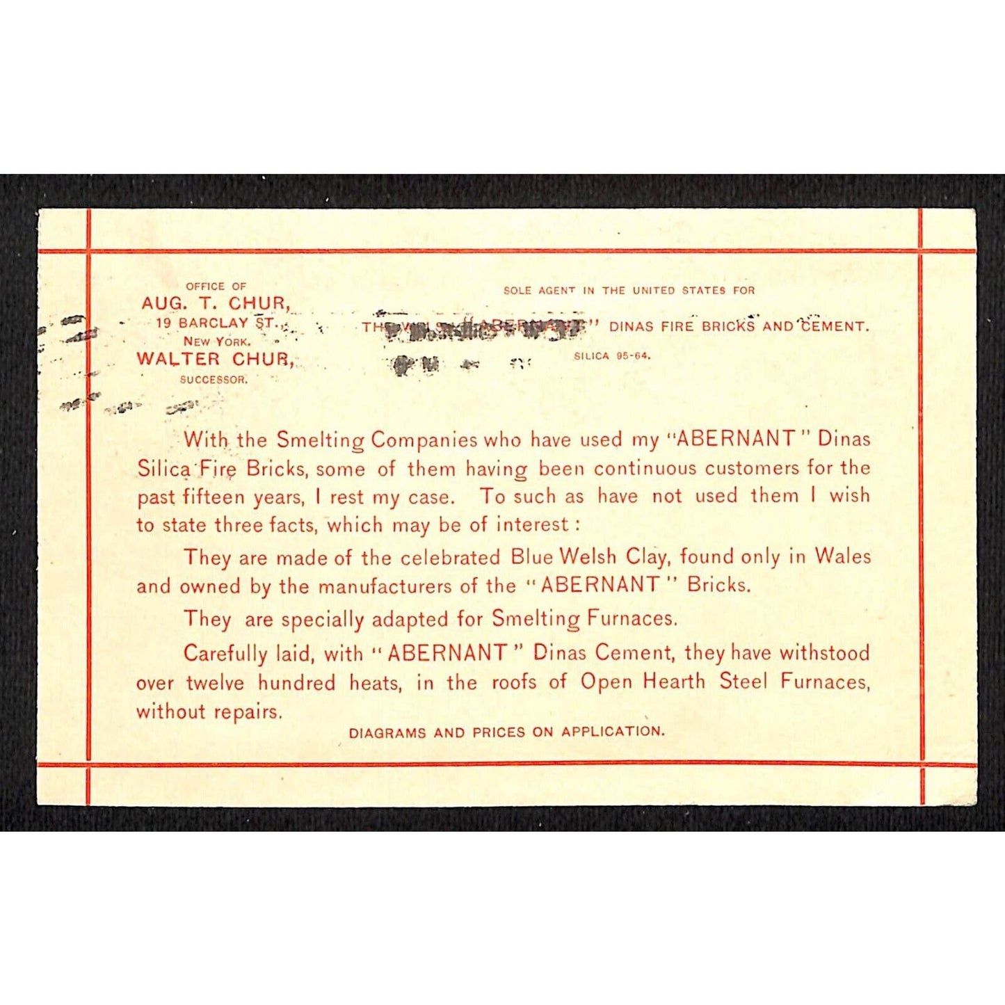 New York Walter Chur / "Abernant" Dinas Silica Fire Bricks ADV 1897 Postal Card