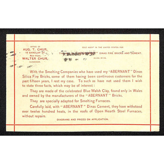 New York Walter Chur / "Abernant" Dinas Silica Fire Bricks ADV 1897 Postal Card