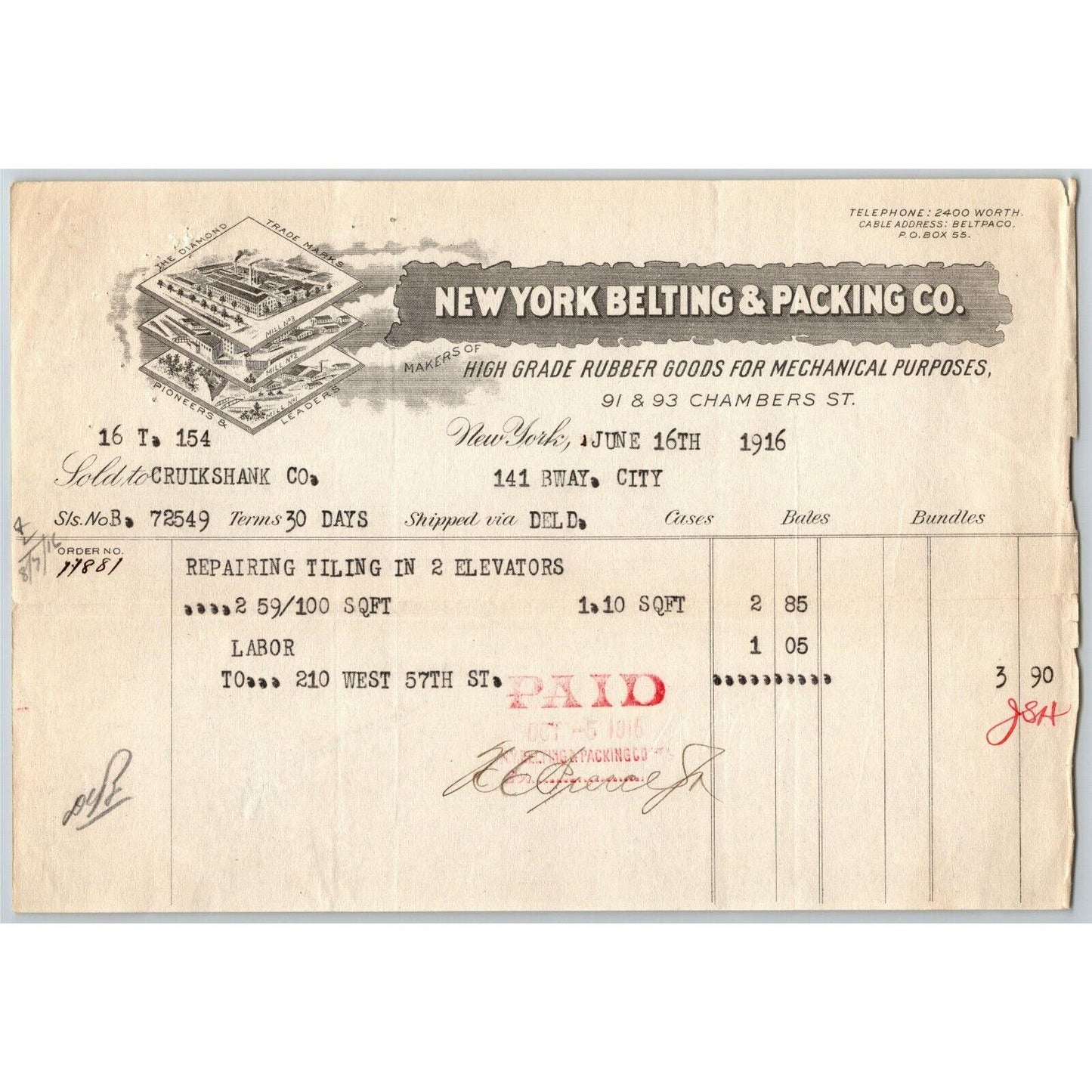 1916 "New York Belting and Packing" Rubber Billhead Letterhead Chambers St NYC