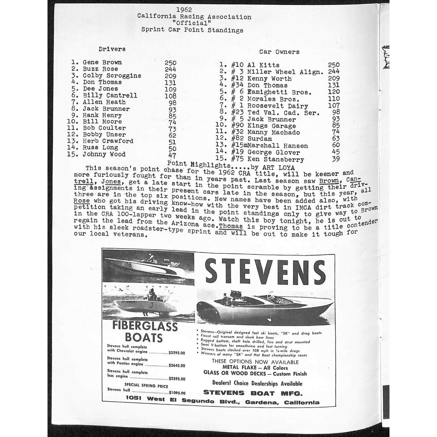 Scarce April 21 1962 CRA Championship Auto Racing Program Ascot Park 14pp.