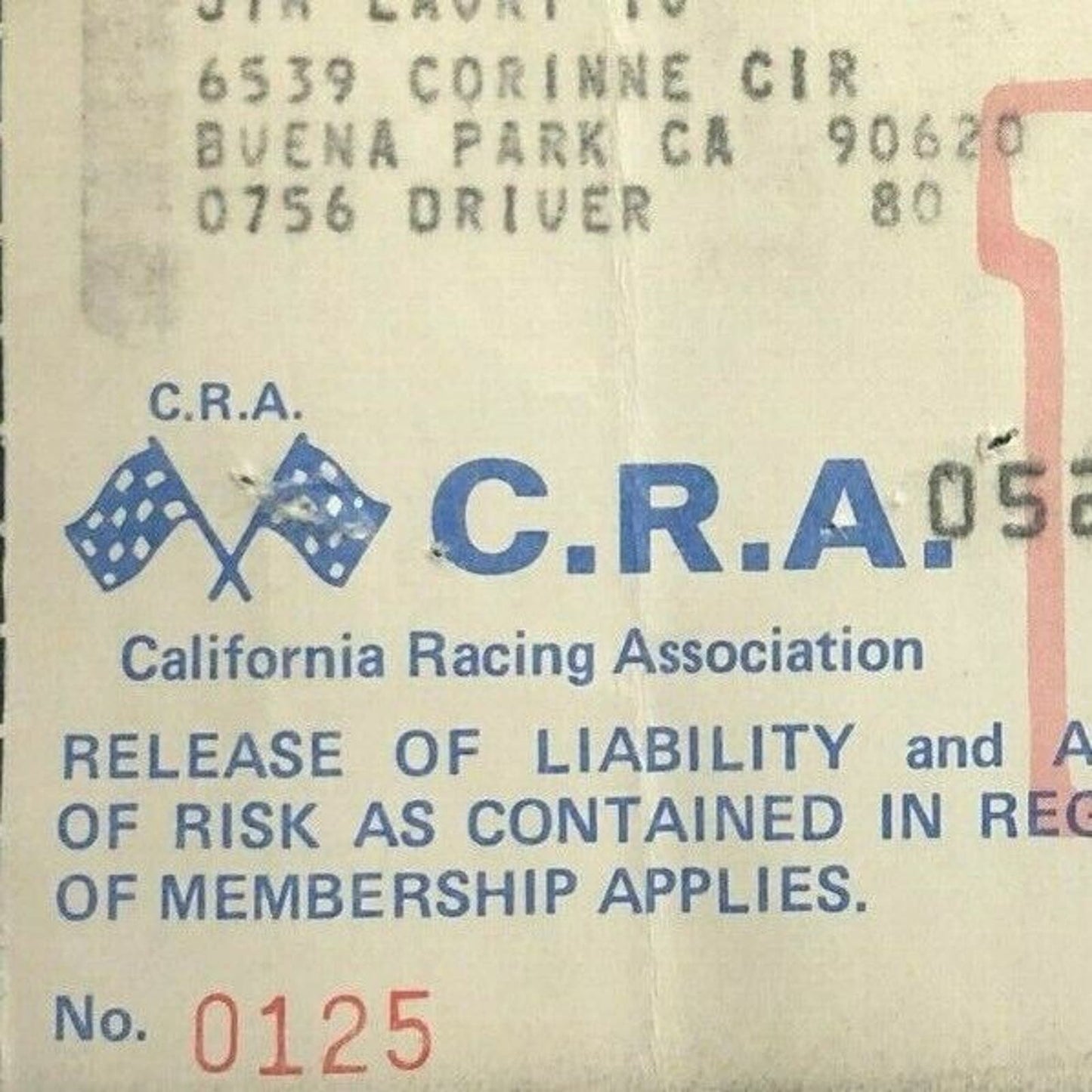 CRA California Racing Assoc. Ascot Liability Release c1980? Jim Lauri Driver
