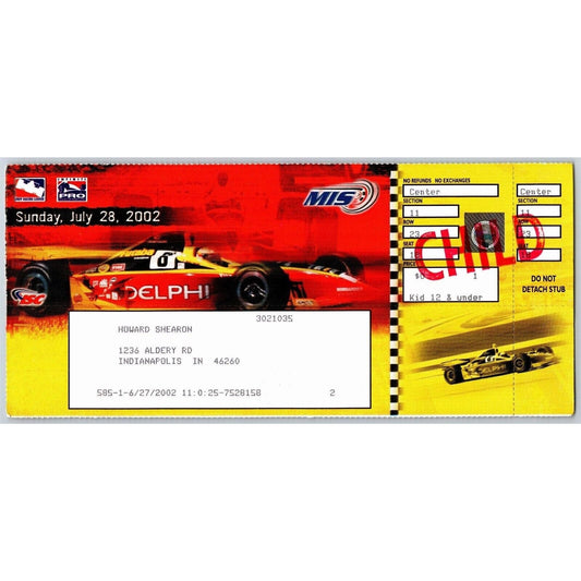 2002 Michigan International Speedway Indy 400 Unused "Child" Ticket - Seat 18
