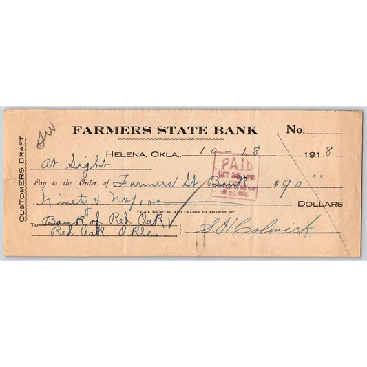 Helena Oklahoma 1918 Farmers State Bank Check $90 Scarce