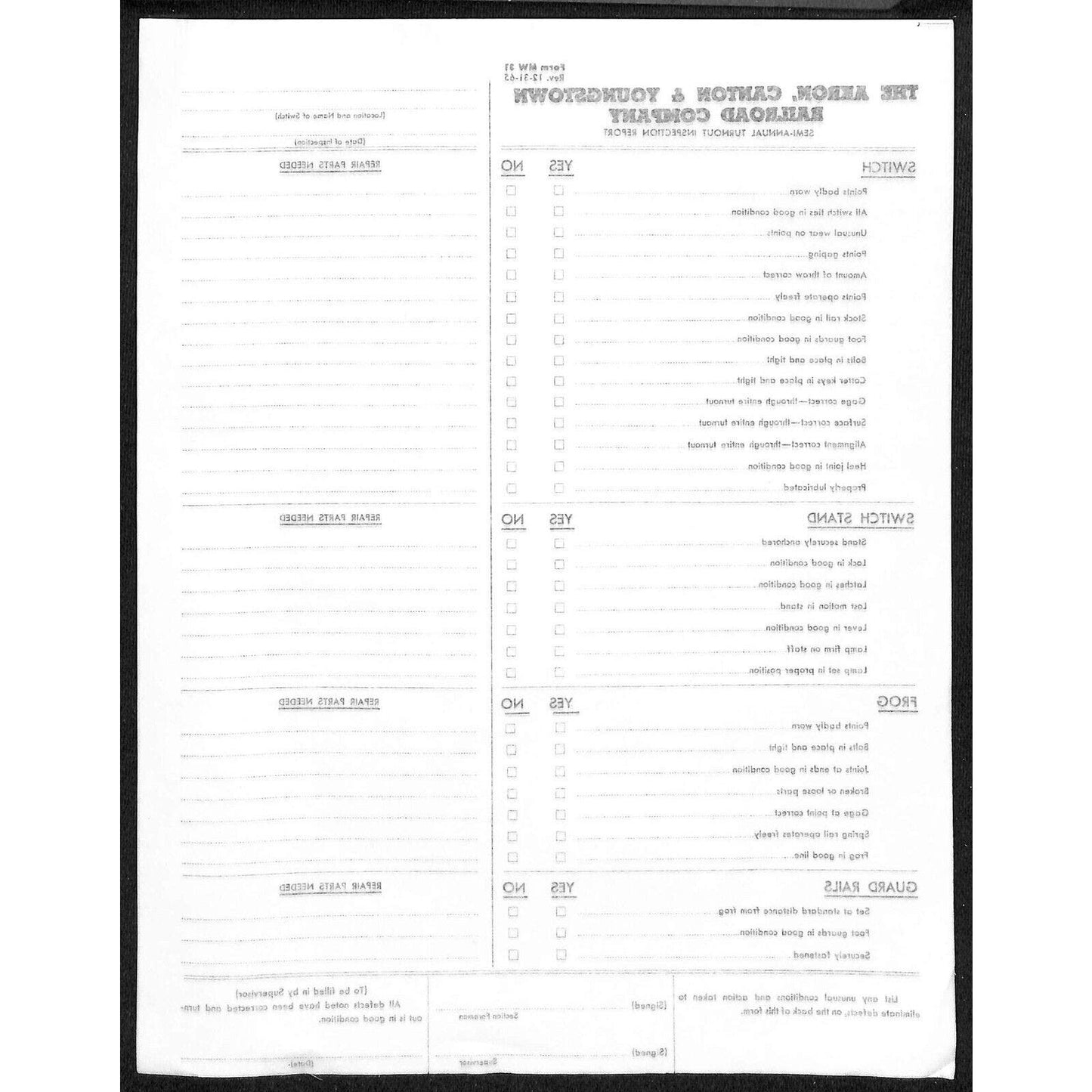 Akron, Canton & Youngstown RR c1965 Grp of 13 Turnout Inspection Report Sheets