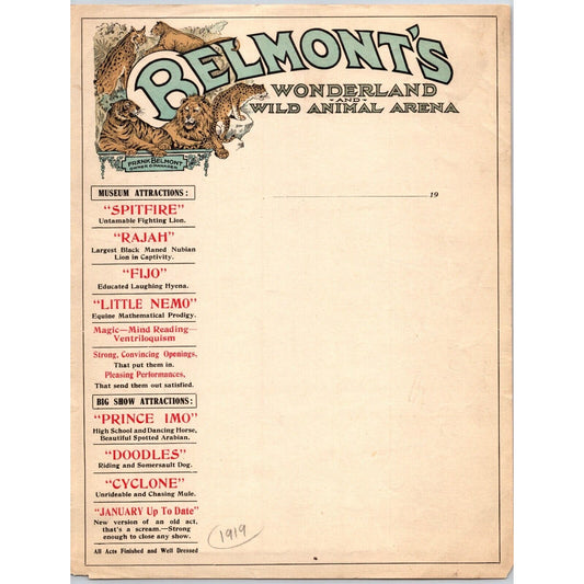 Belmont's Wonderland and Wild Animal Arena Circus Letterhead c1919 Very Scarce