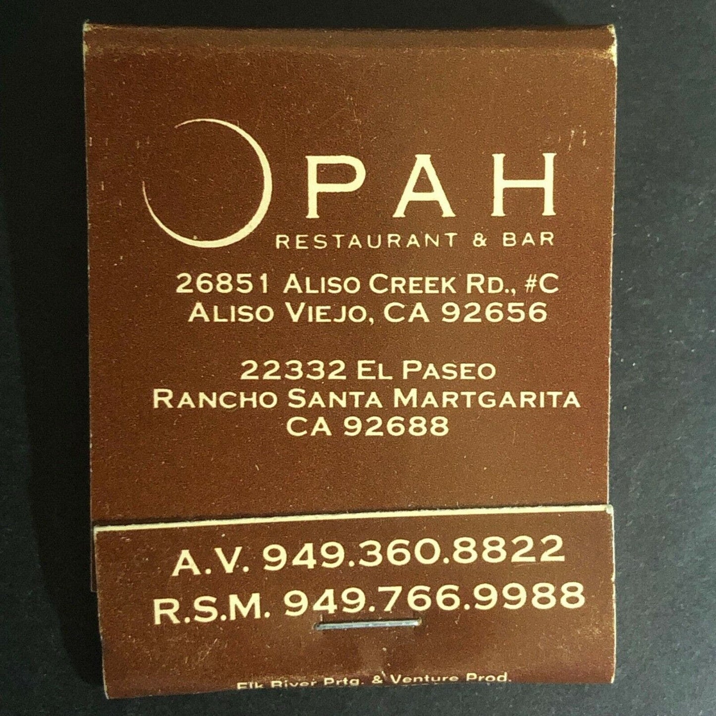 Vintage c2000 Full Matchbook "Opah Restaurant & Bar" Aliso Viejo, CA