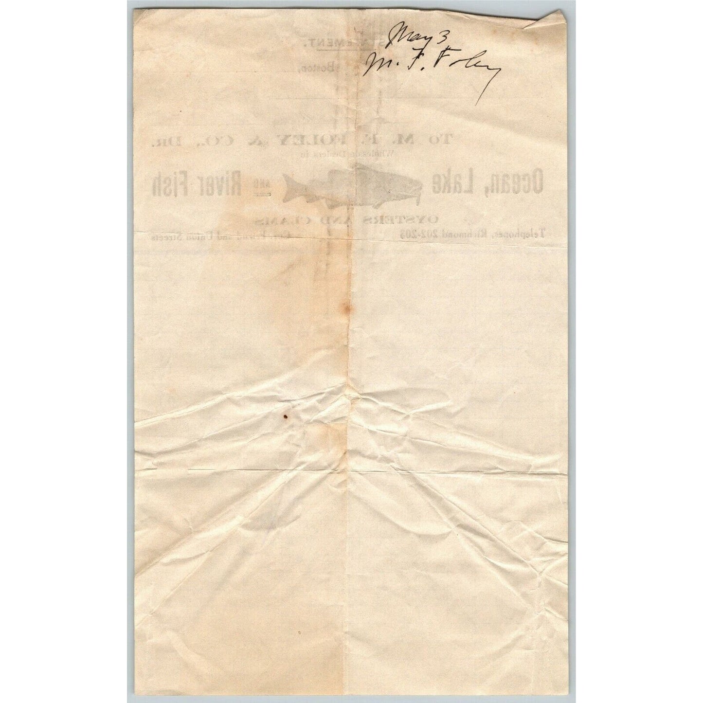 M.F. Foley River Ocean Fish Oysters Clams Boston, MA Billhead Letterhead 1913