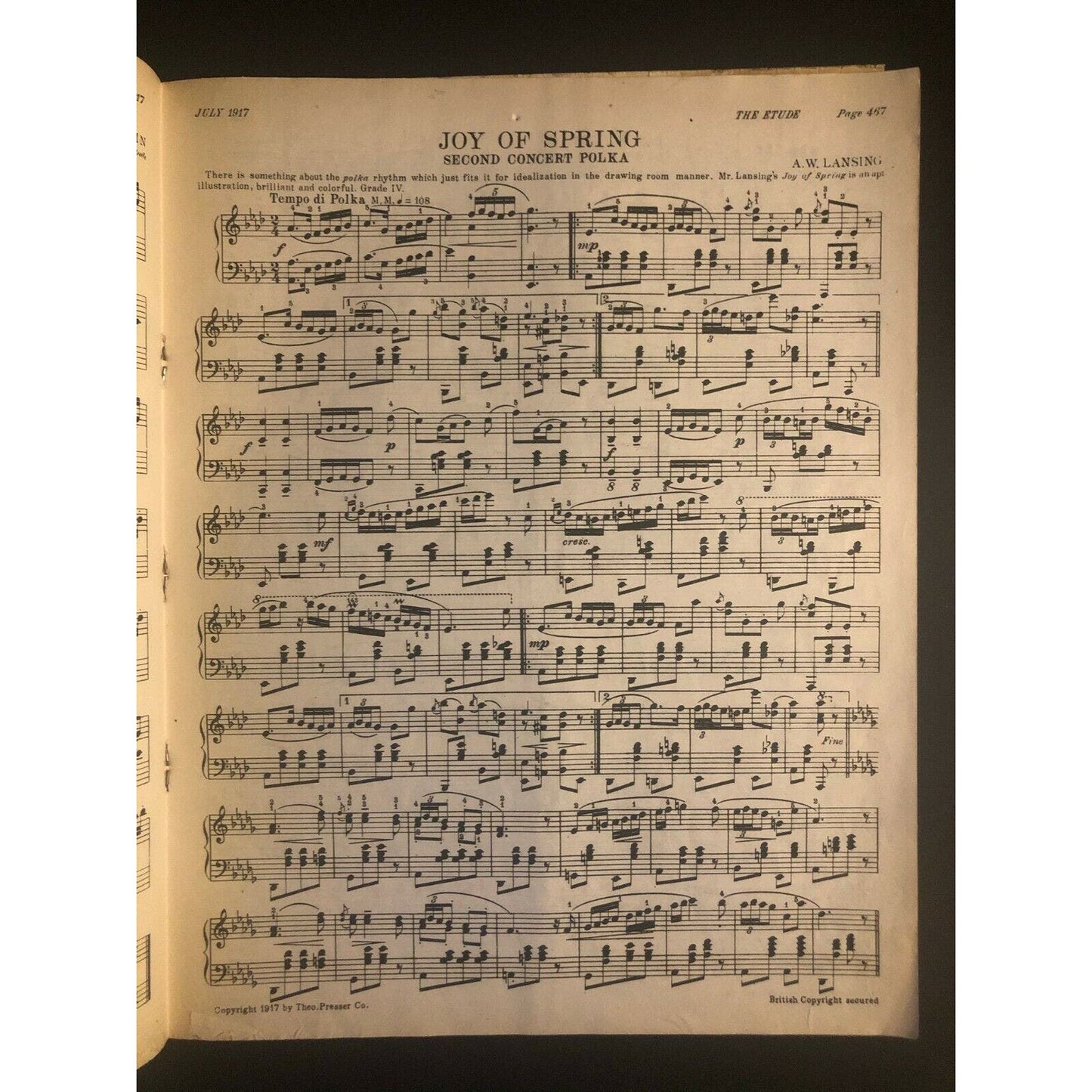 Vintage 1917 Sheet Music Magazine "The Etude" 60+ pages Uncle Sam Bugle