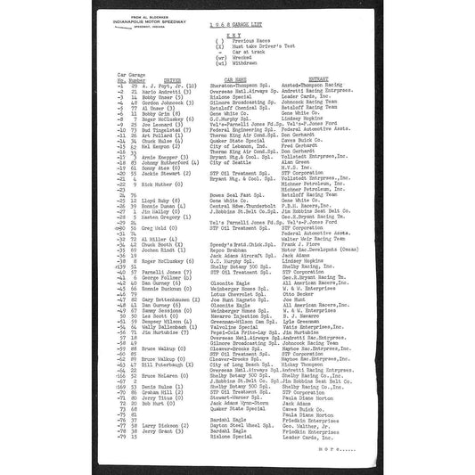 1968 Indy 500 Indianapolis Motor Speedway Garage List - 2pp Legal Size Sheet
