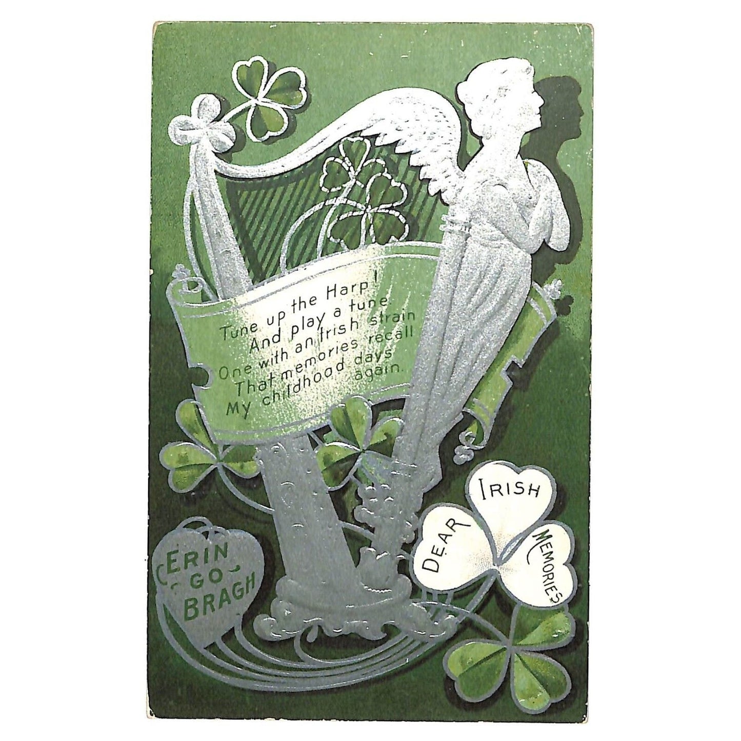 Ireland Postcard "Erin Go Bragh" Clovers Harp Silver Ink Emb. NP c1910-15