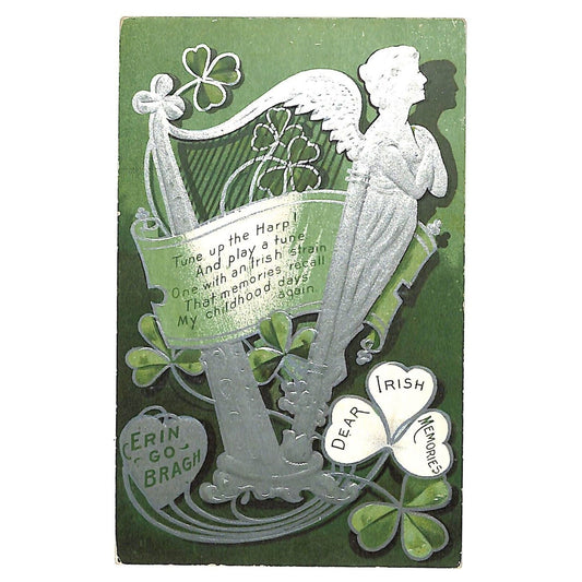 Ireland Postcard "Erin Go Bragh" Clovers Harp Silver Ink Emb. NP c1910-15