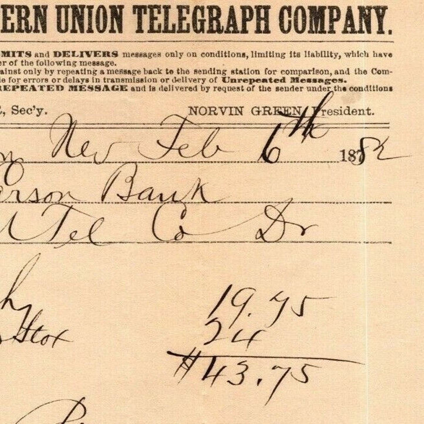 Scarce Vintage 1882 Western Union Telegraph Carson Bank Telegraph Jan Statement
